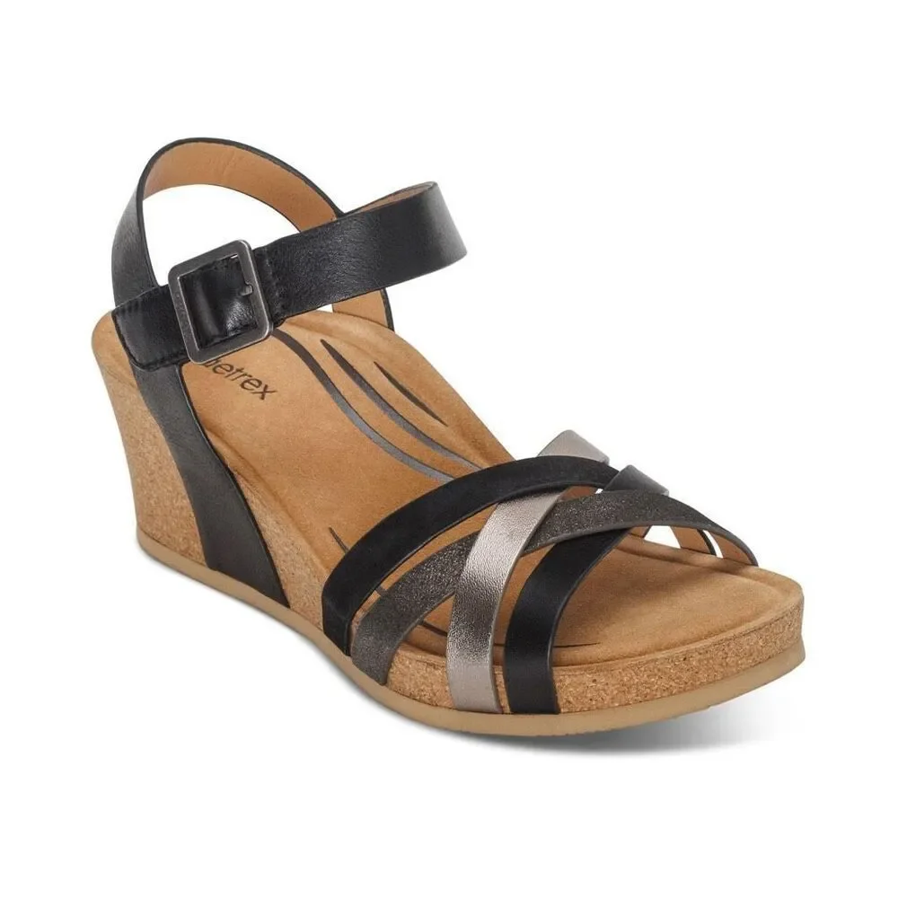 NEW Aetrex Noelle Arch Support Wedge Sandal Black & Silver Leather Sz10 Summer